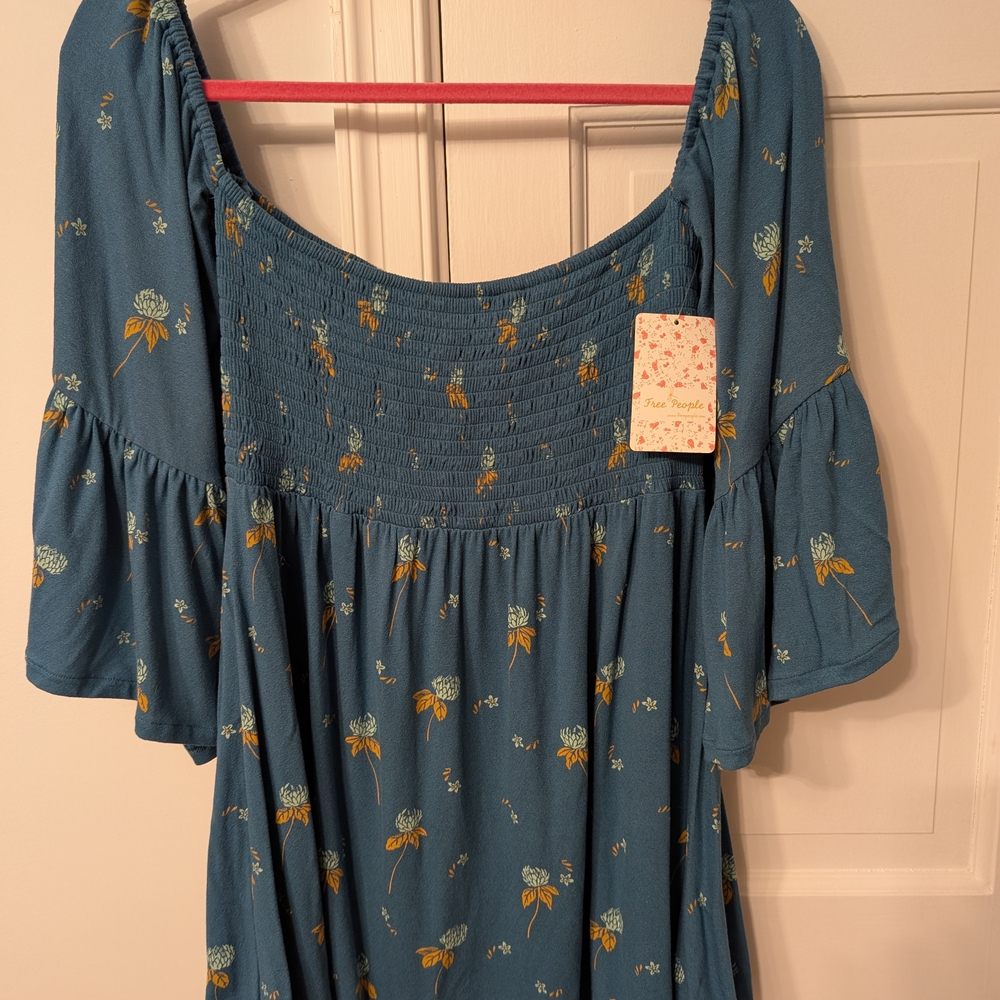 Free People Blue Smocked Flutter Sleeve Blouse